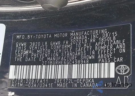 2016 Toyota Corolla L from USA, damaged, VIN 2T1BURHE6GC498948